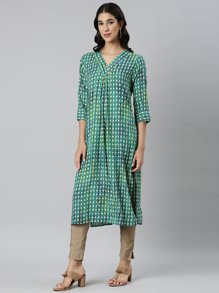 Neerus Green Casual Ethnic Motifs Straight Kurtas