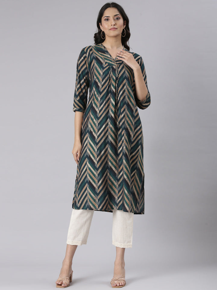 Neerus Blue Casual Chevron Straight Kurtas