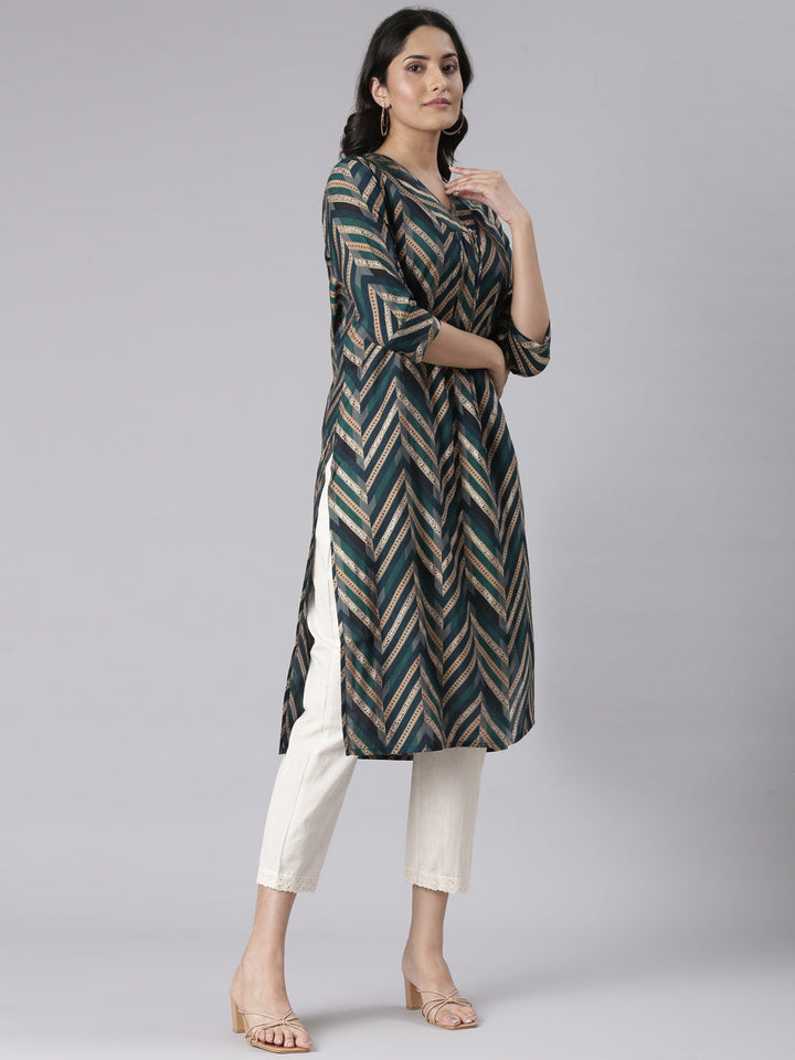 Neerus Blue Casual Chevron Straight Kurtas