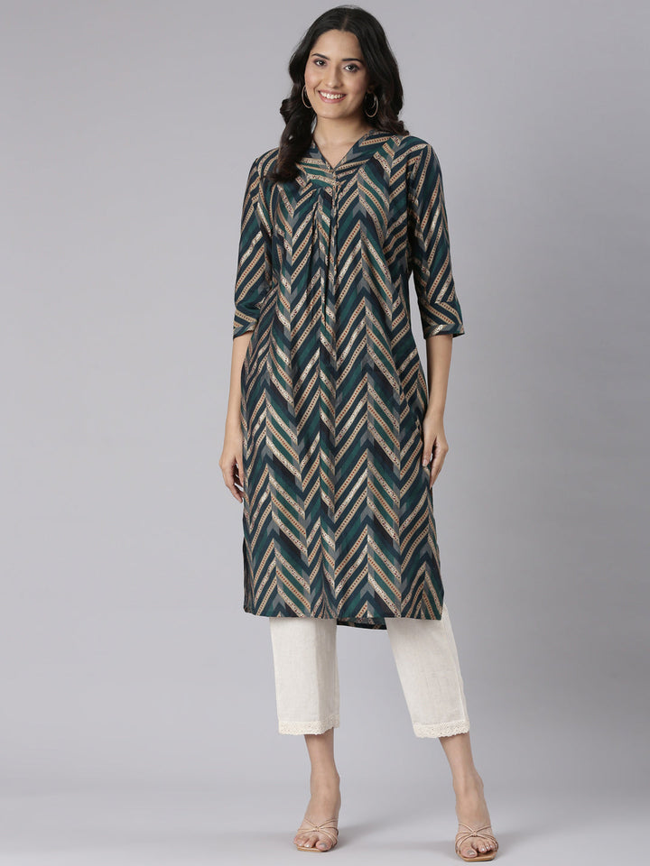 Neerus Blue Casual Chevron Straight Kurtas
