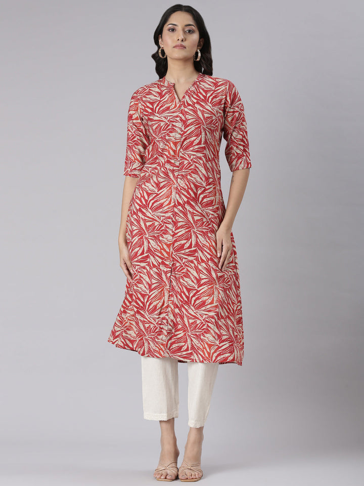 Neerus Red Casual Floral Straight Kurtas