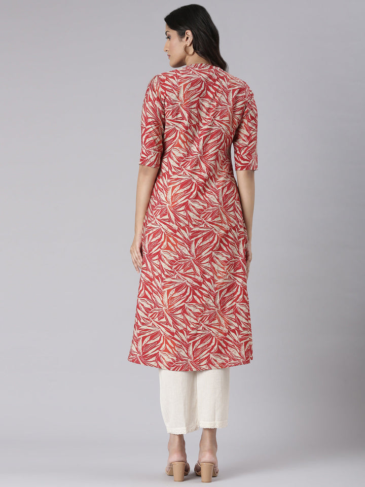 Neerus Red Casual Floral Straight Kurtas
