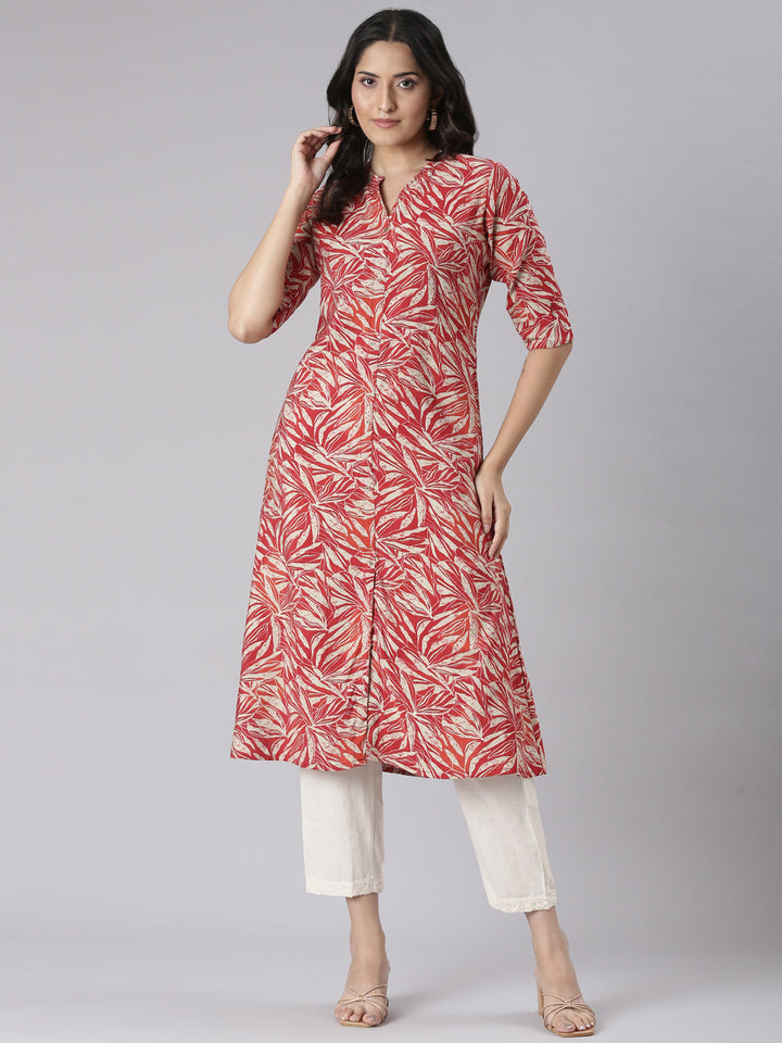 Neerus Red Casual Floral Straight Kurtas