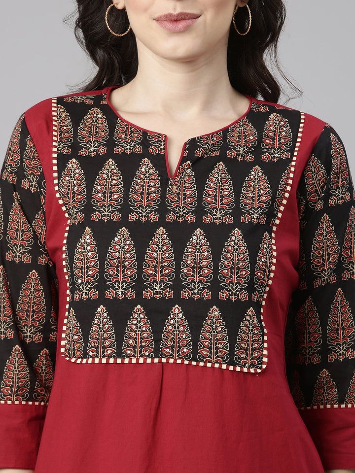 Neerus Maroon Solid Straight Kurta and Trousers With Dupatta