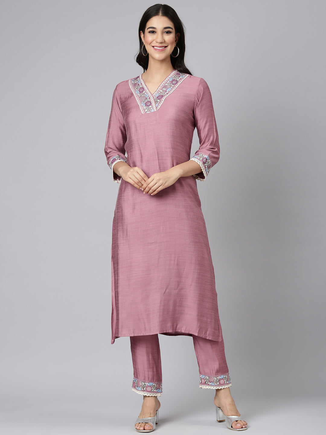 Neerus Pink silk solid straight kurta set - front view