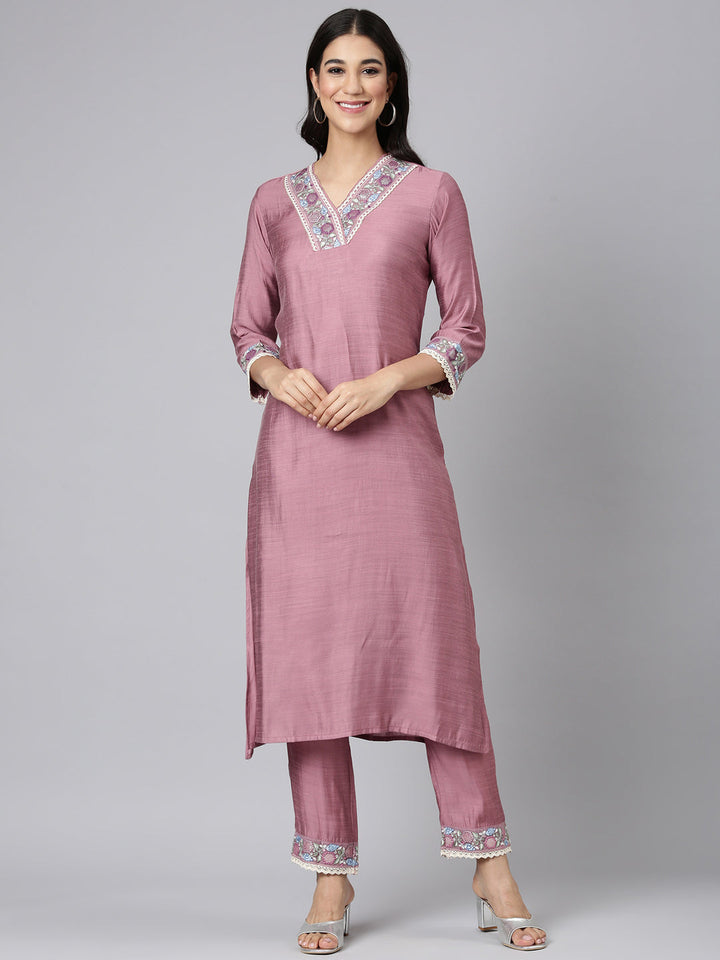 Neerus Pink silk solid straight kurta set - front view