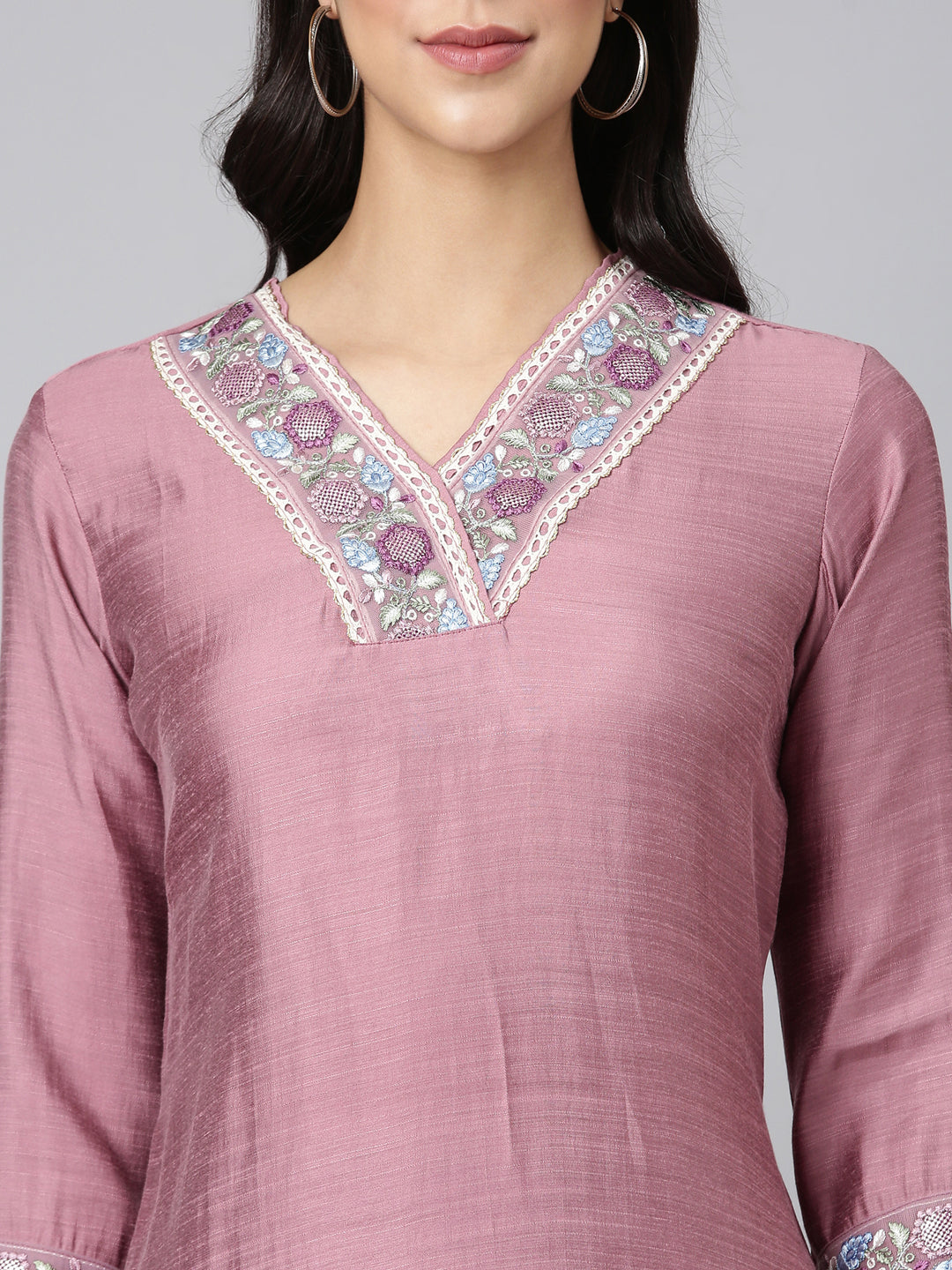 Neerus Pink silk solid straight kurta set - detail view 1