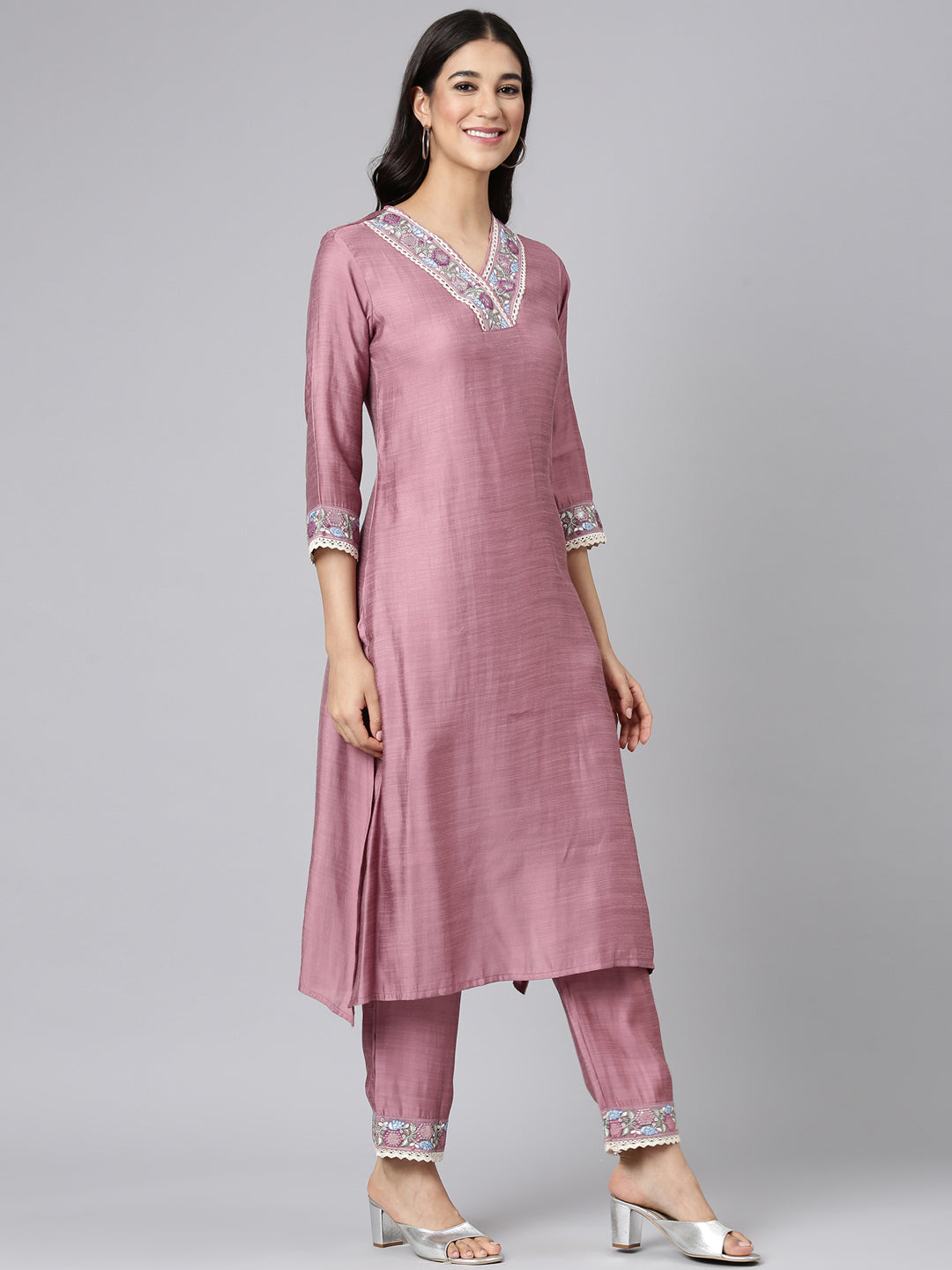 Neerus Pink silk solid straight kurta set - back view
