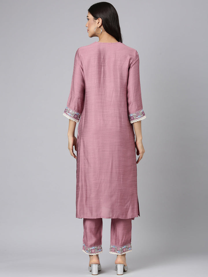 Neerus Pink silk solid straight kurta set - side view