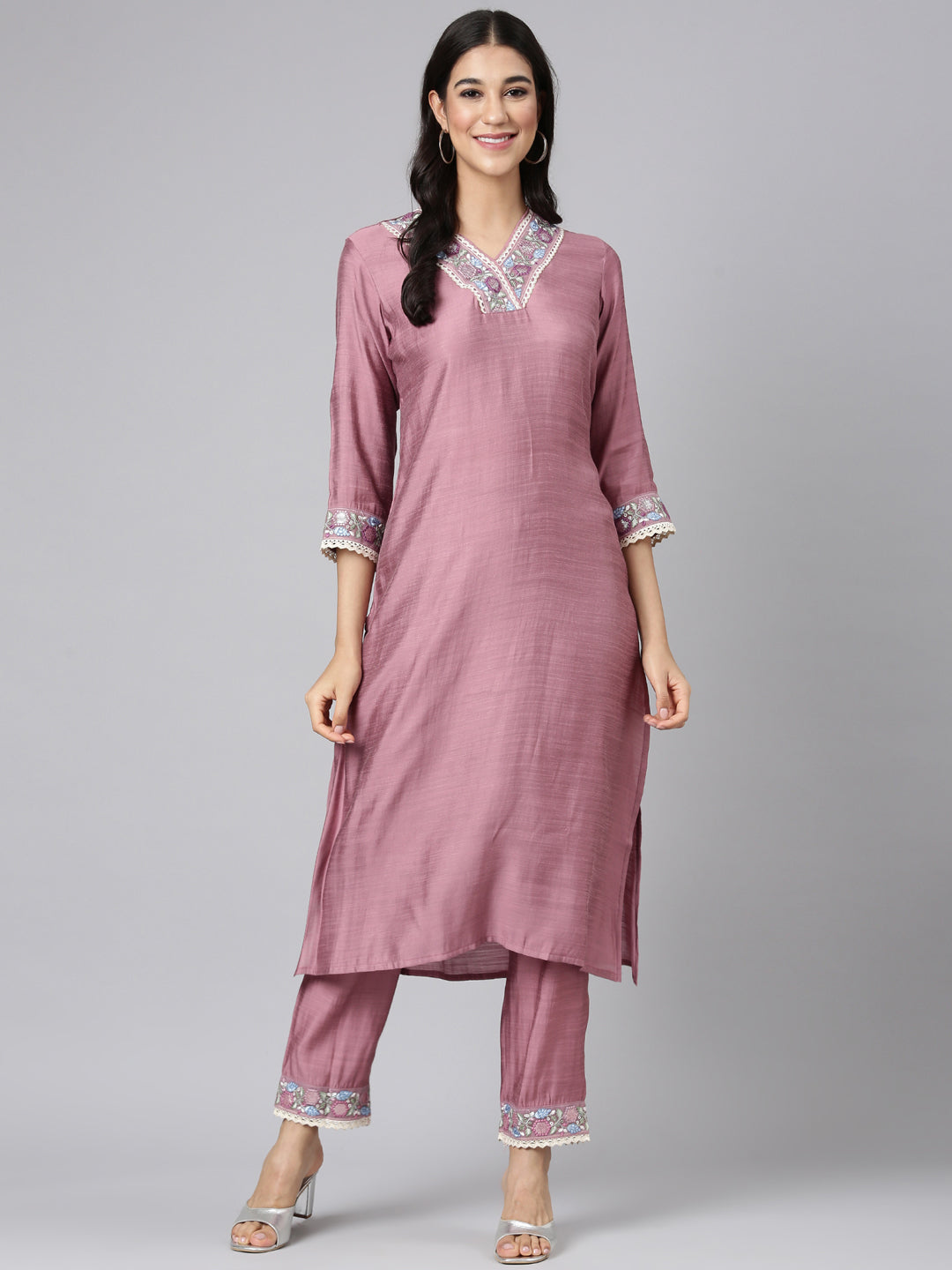 Neerus Pink silk solid straight kurta set - detail view 2