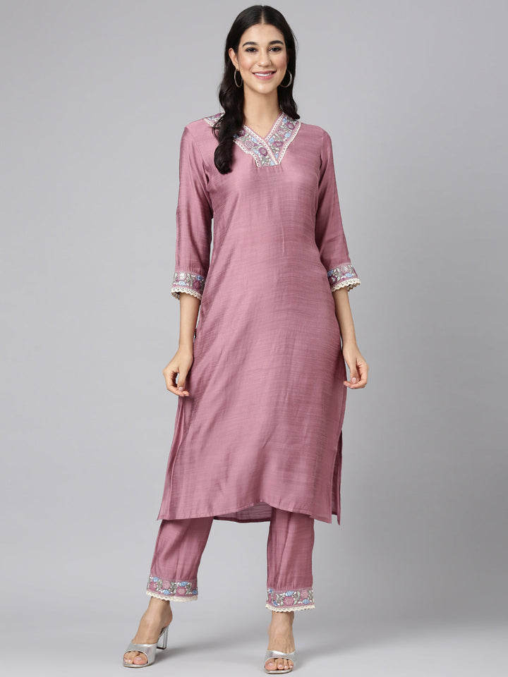 Neerus Pink silk solid straight kurta set - detail view 2