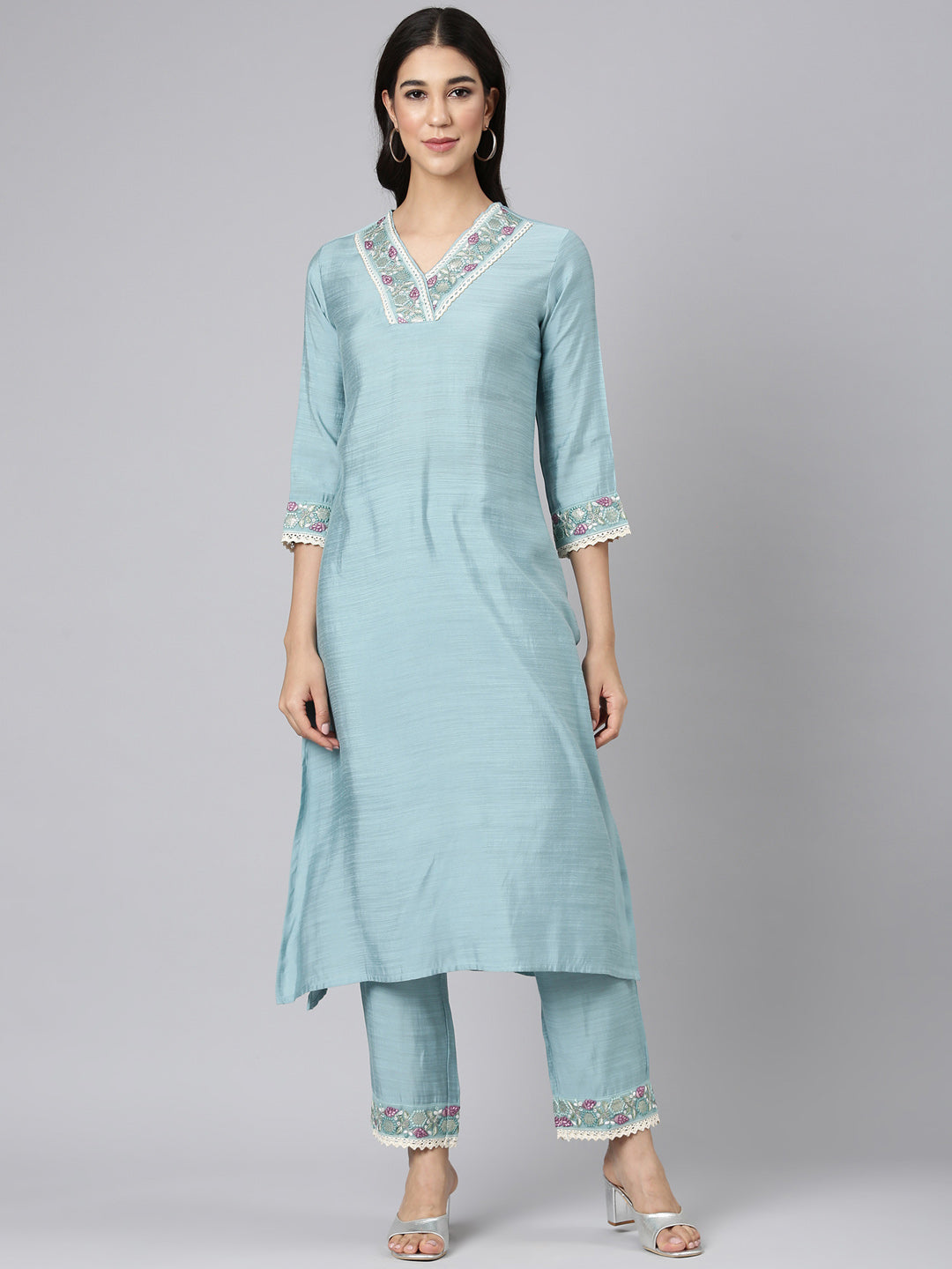 Neerus Blue silk solid straight kurta set - front view