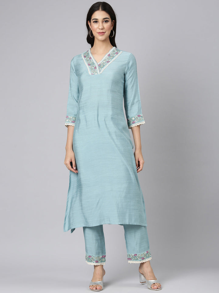 Neerus Blue silk solid straight kurta set - front view