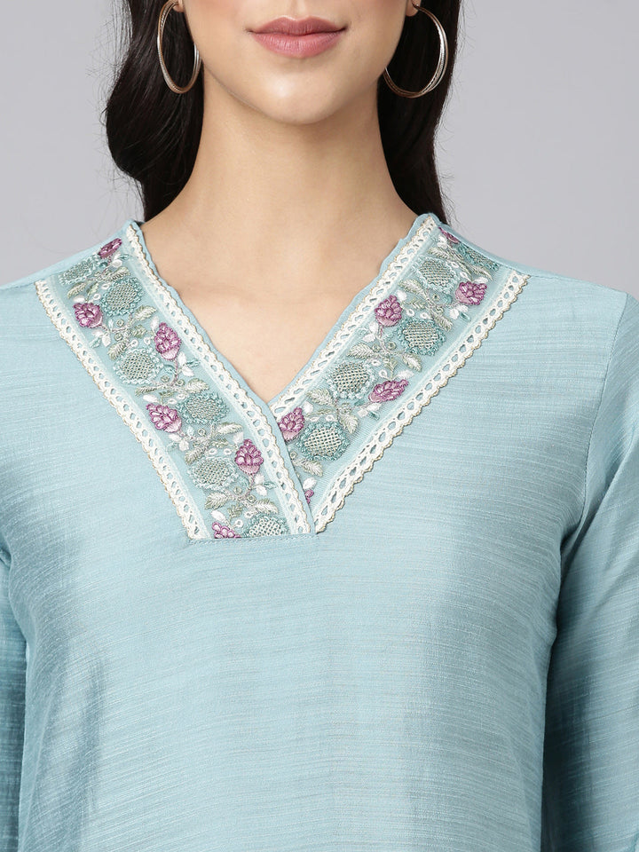 Neerus Blue silk solid straight kurta set - detail view 1