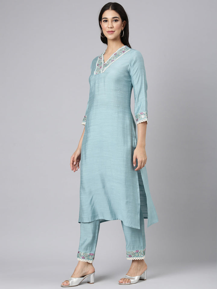 Neerus Blue silk solid straight kurta set - back view