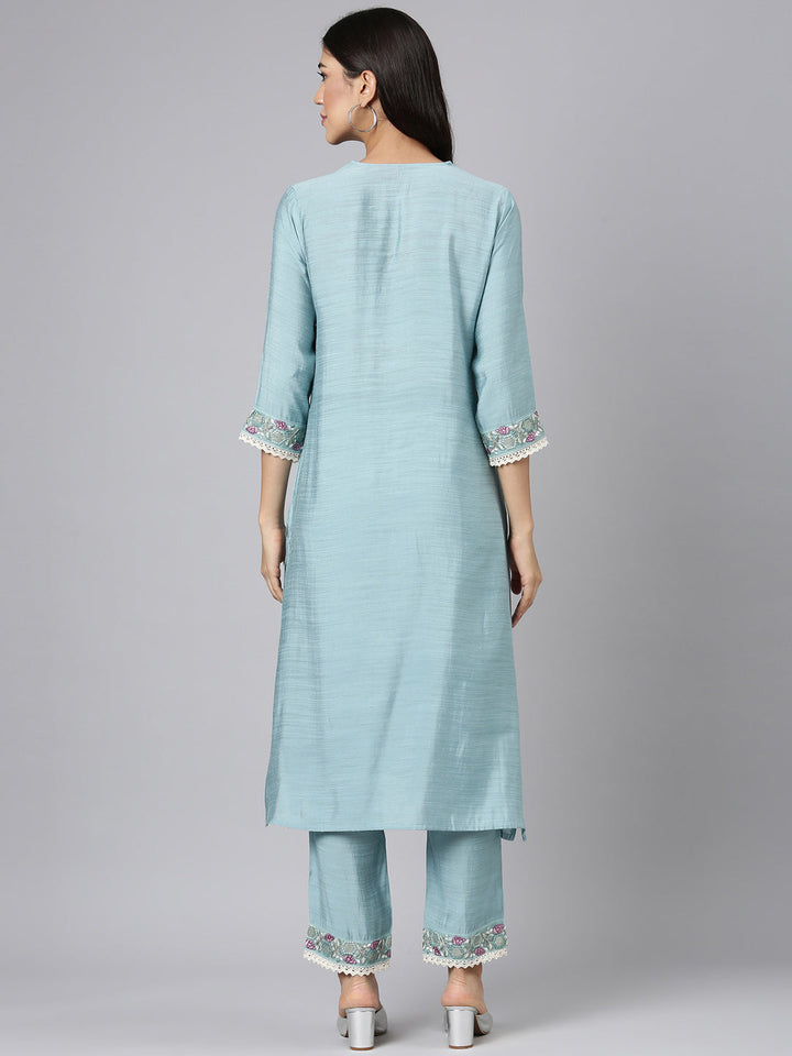 Neerus Blue silk solid straight kurta set - side view