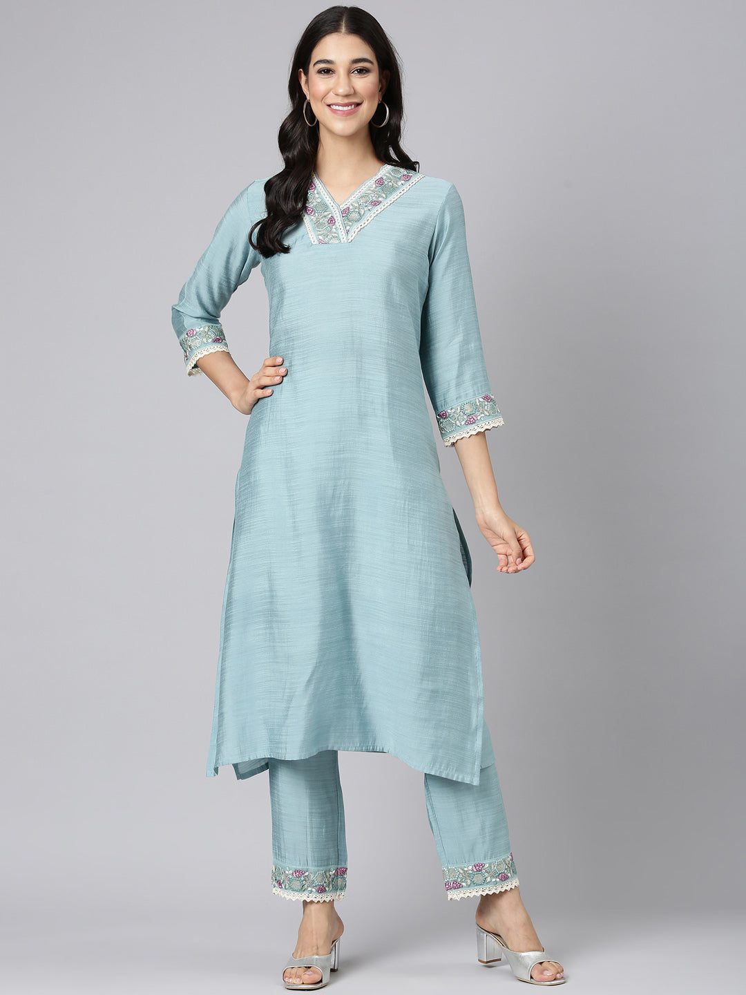 Neerus Blue silk solid straight kurta set - detail view 2