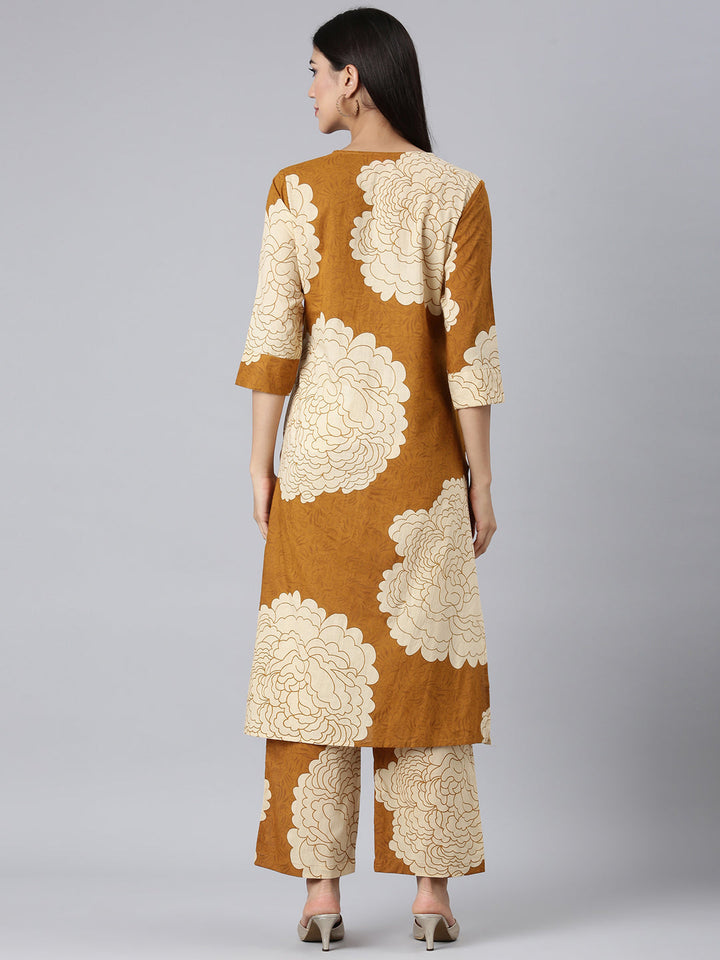 Neerus Mustard Printed Straight Kurta and Trousers