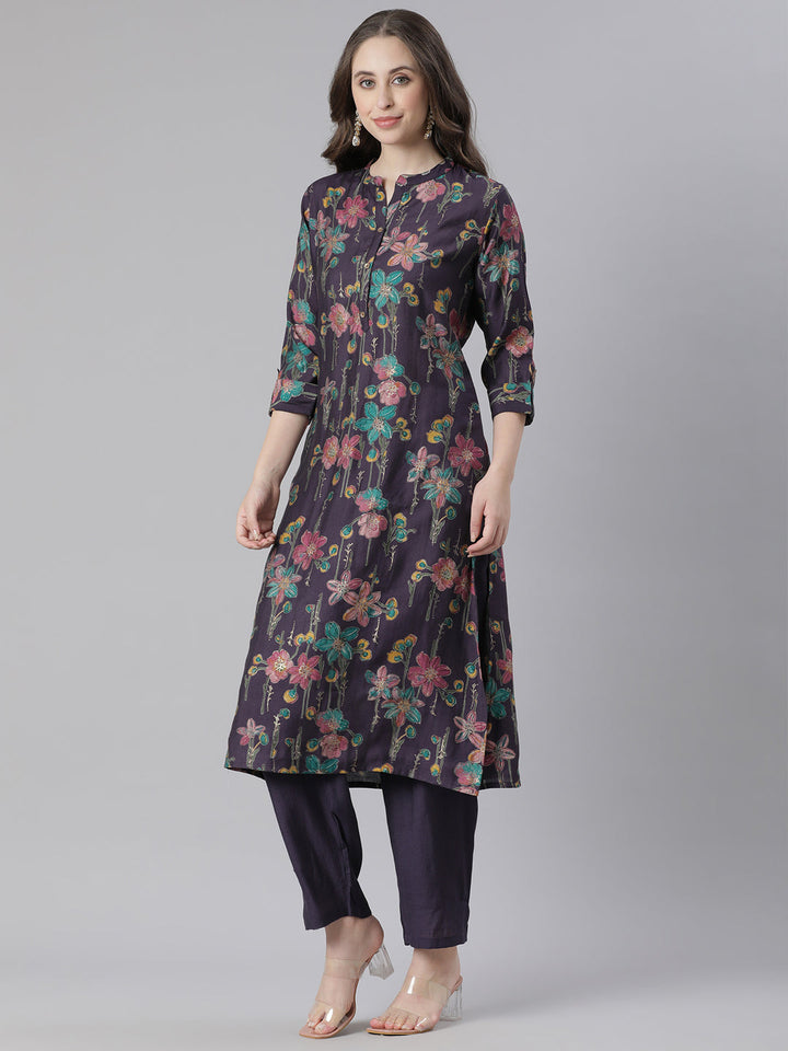 Neerus Purple polyester printed kurta set - back view