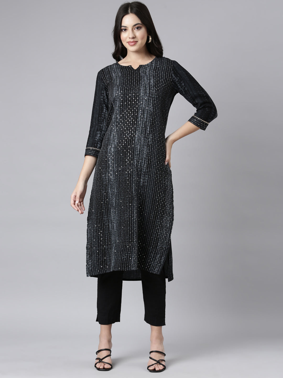 Neerus Grey embellished straight kurti - front view