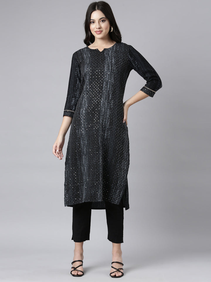 Neerus Grey embellished straight kurti - front view