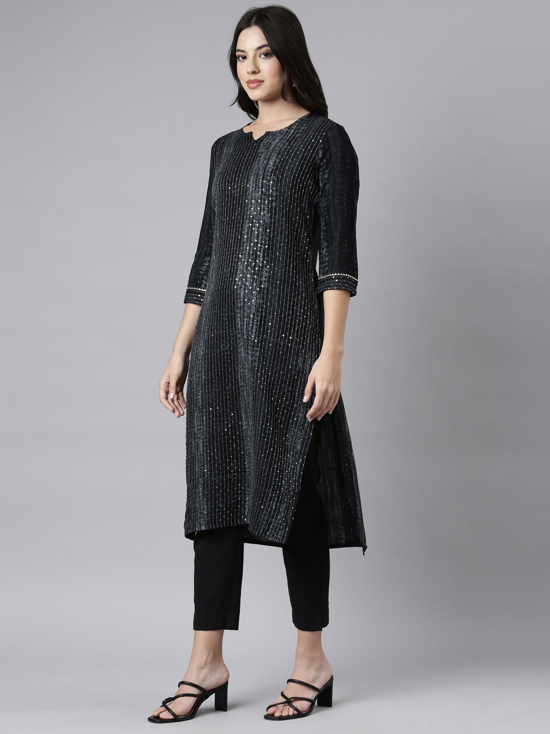 Neerus Grey embellished straight kurti - back view