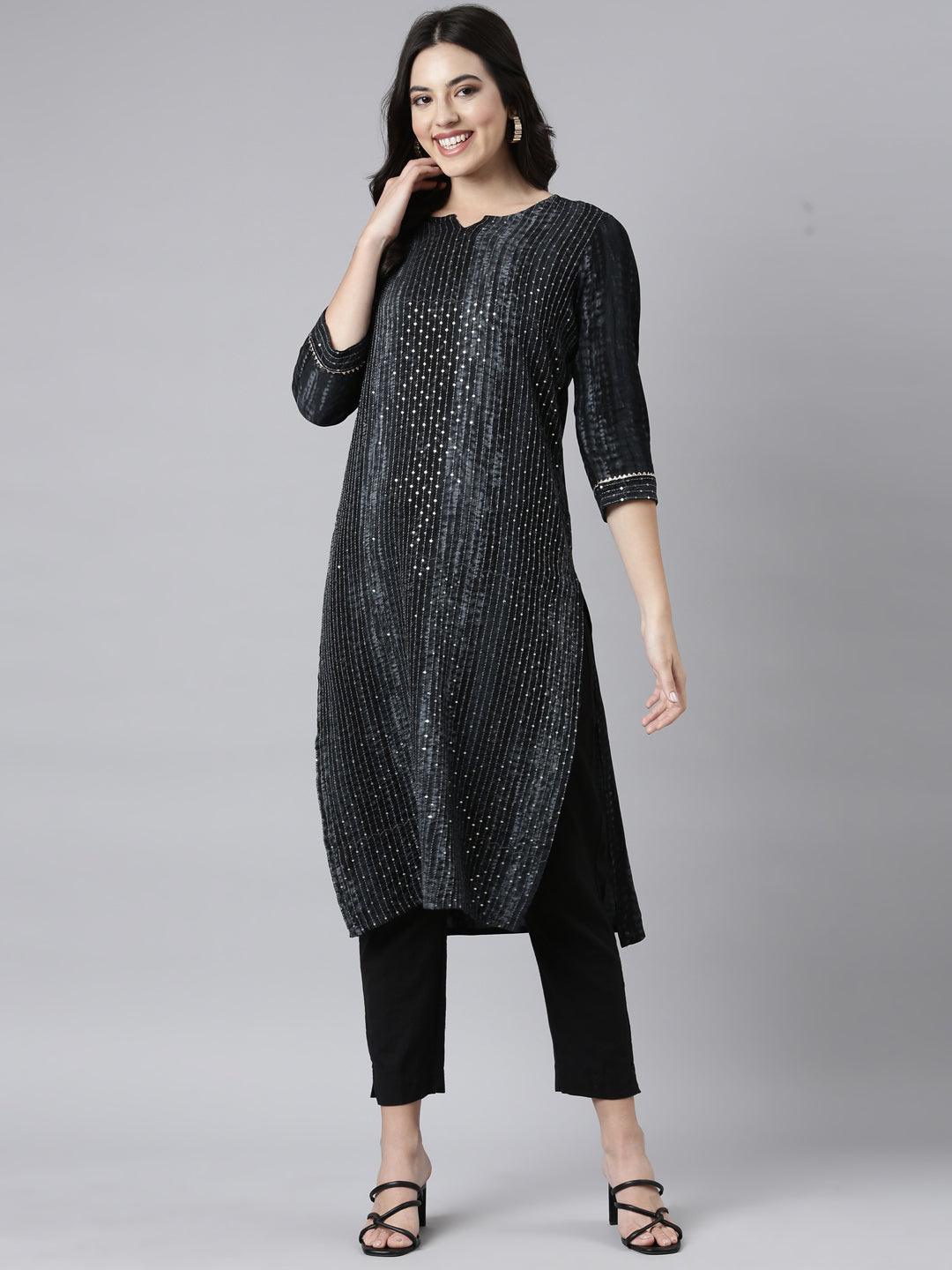 Neerus Grey embellished straight kurti - detail view 2