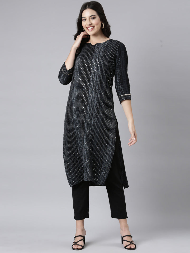 Neerus Grey embellished straight kurti - detail view 2