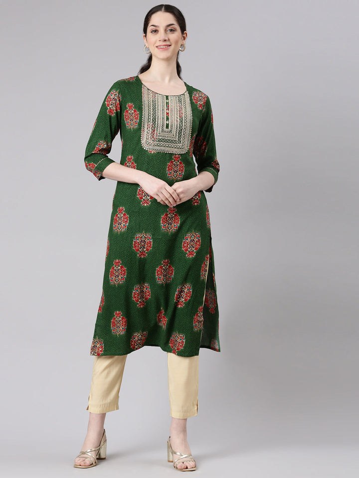 Neerus Green rayon printed straight kurta - front view