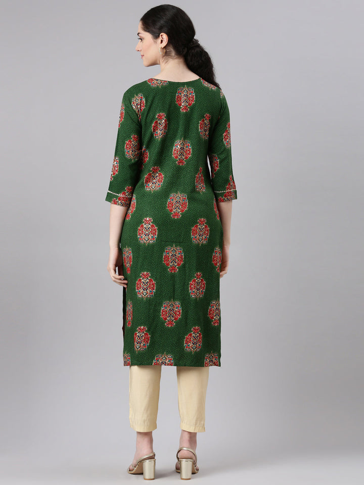 Neerus Green rayon printed straight kurta - side view