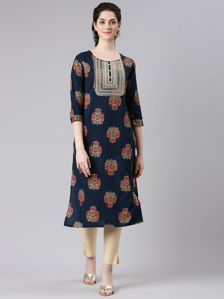 Neerus Blue printed floral straight kurta - front view