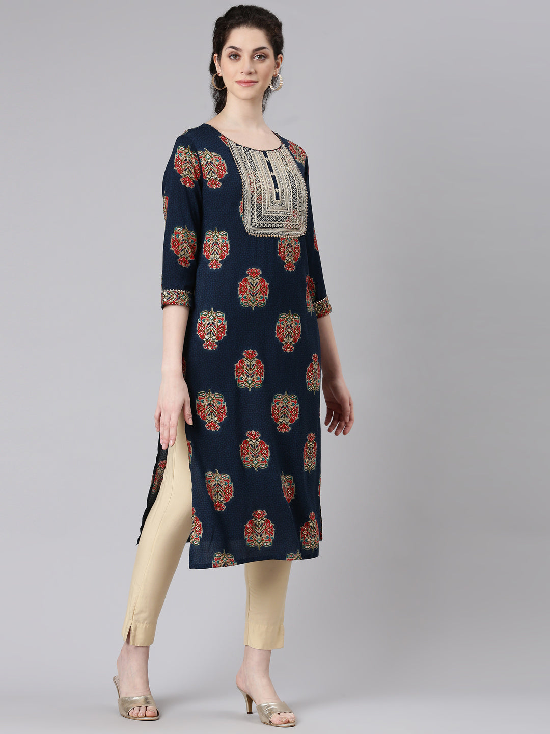 Neerus Blue printed floral straight kurta - back view