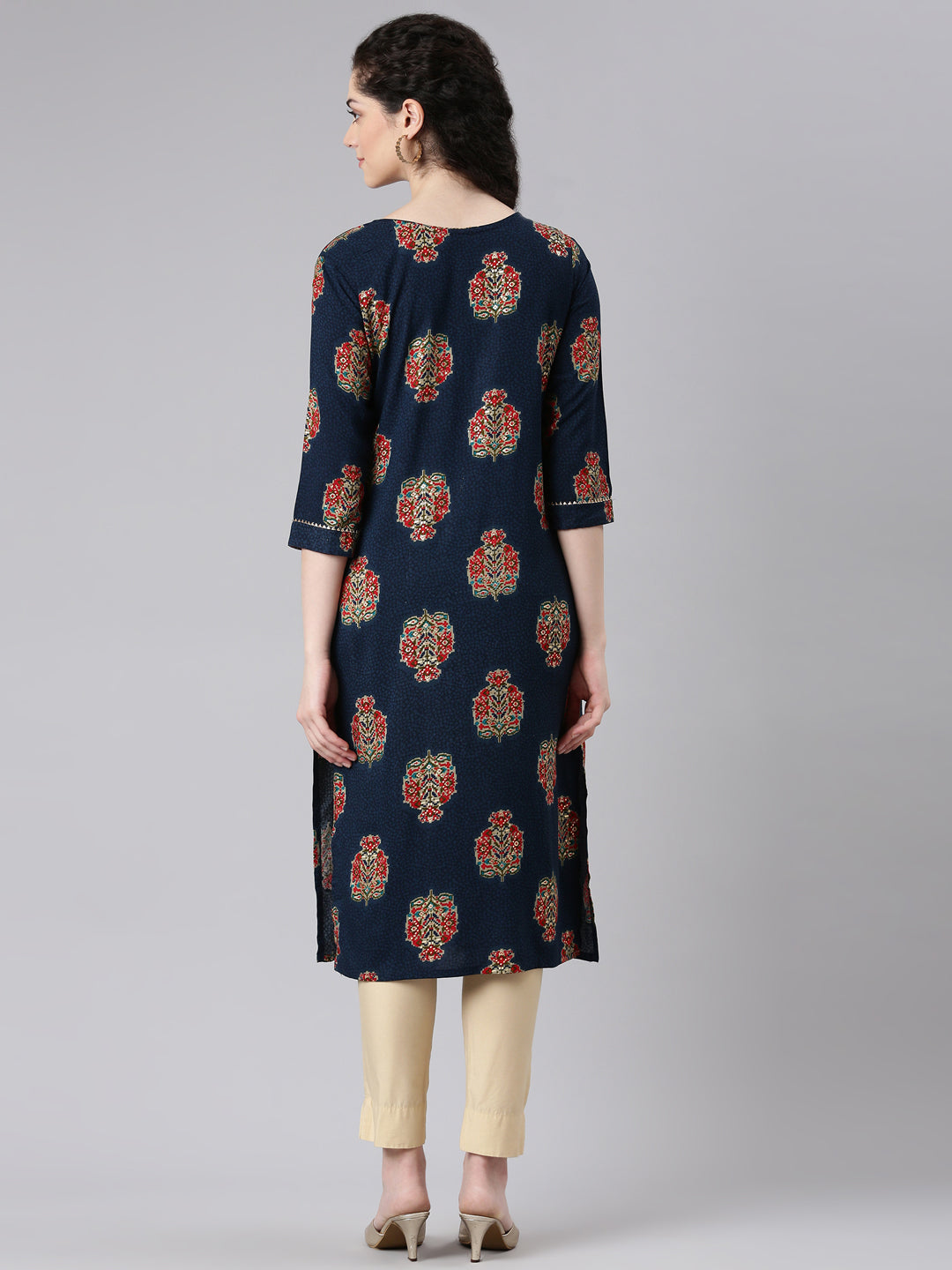 Neerus Blue printed floral straight kurta - side view