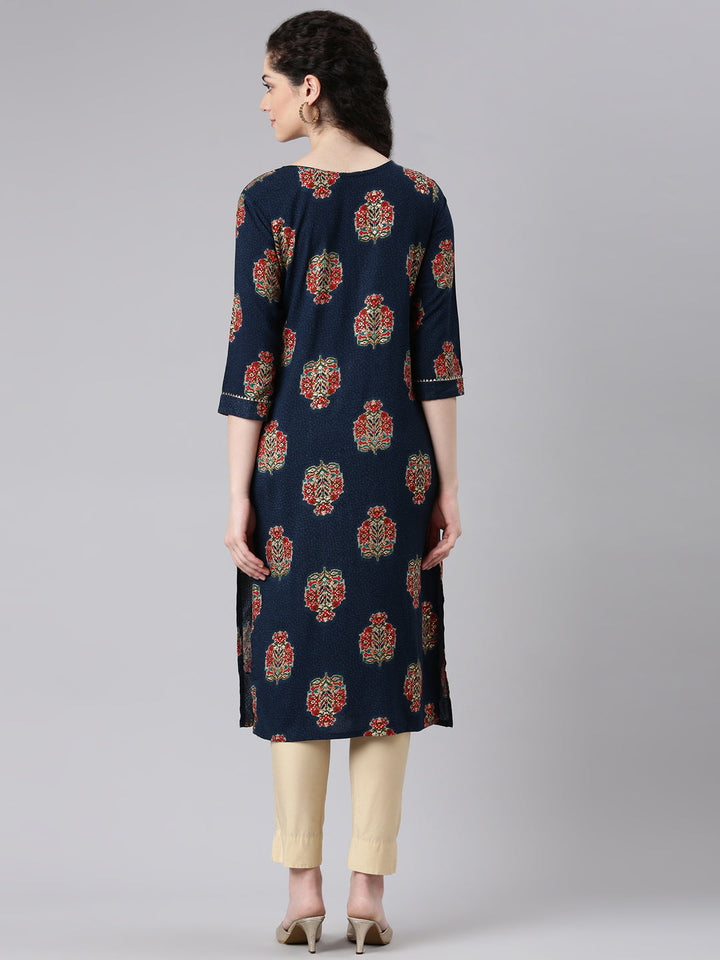 Neerus Blue printed floral straight kurta - side view