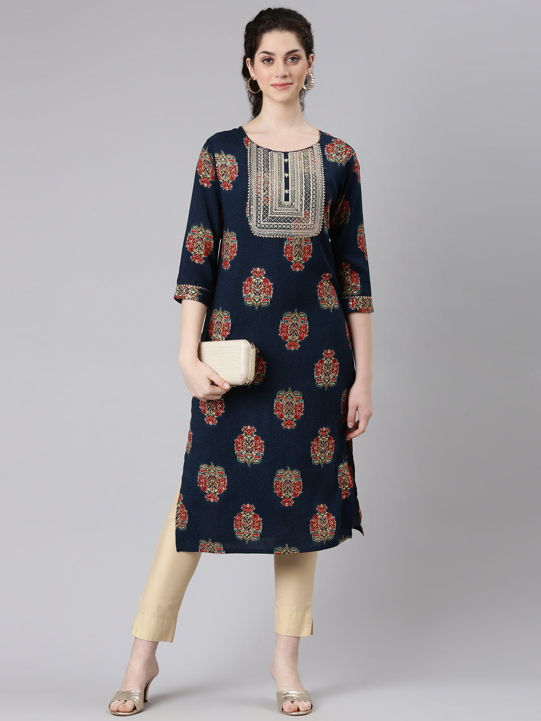 Neerus Blue printed floral straight kurta - detail view 2