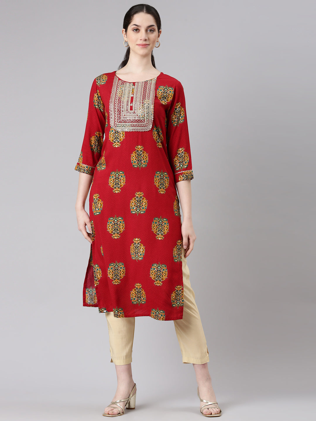 Neerus Red rayon printed straight kurta - front view