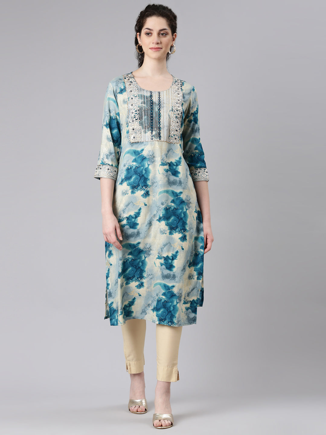 Neerus Blue rayon straight kurti - front view