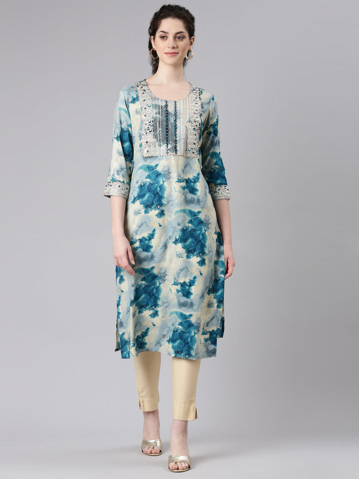 Neerus Blue rayon straight kurti - front view
