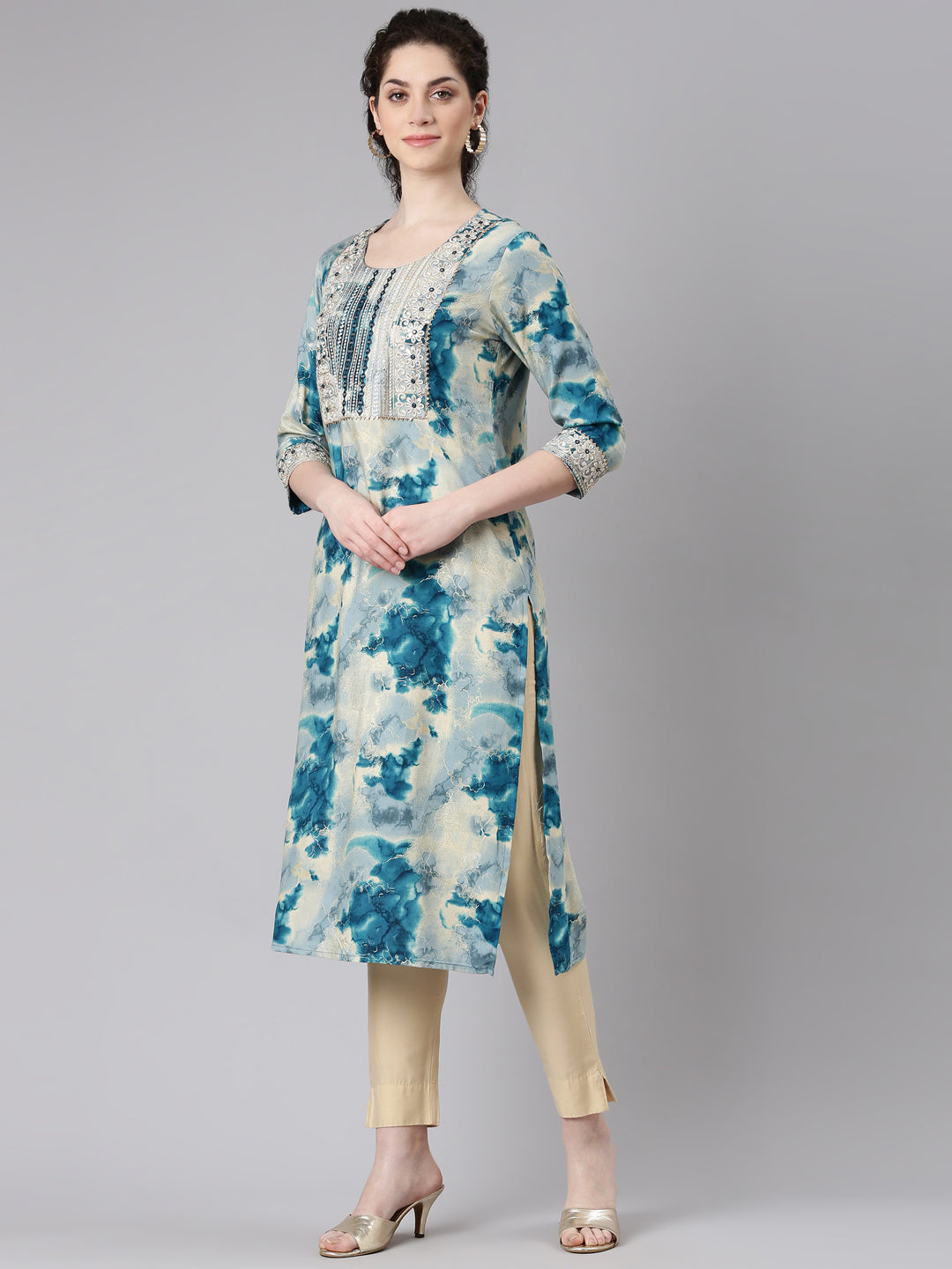 Neerus Blue rayon straight kurti - back view