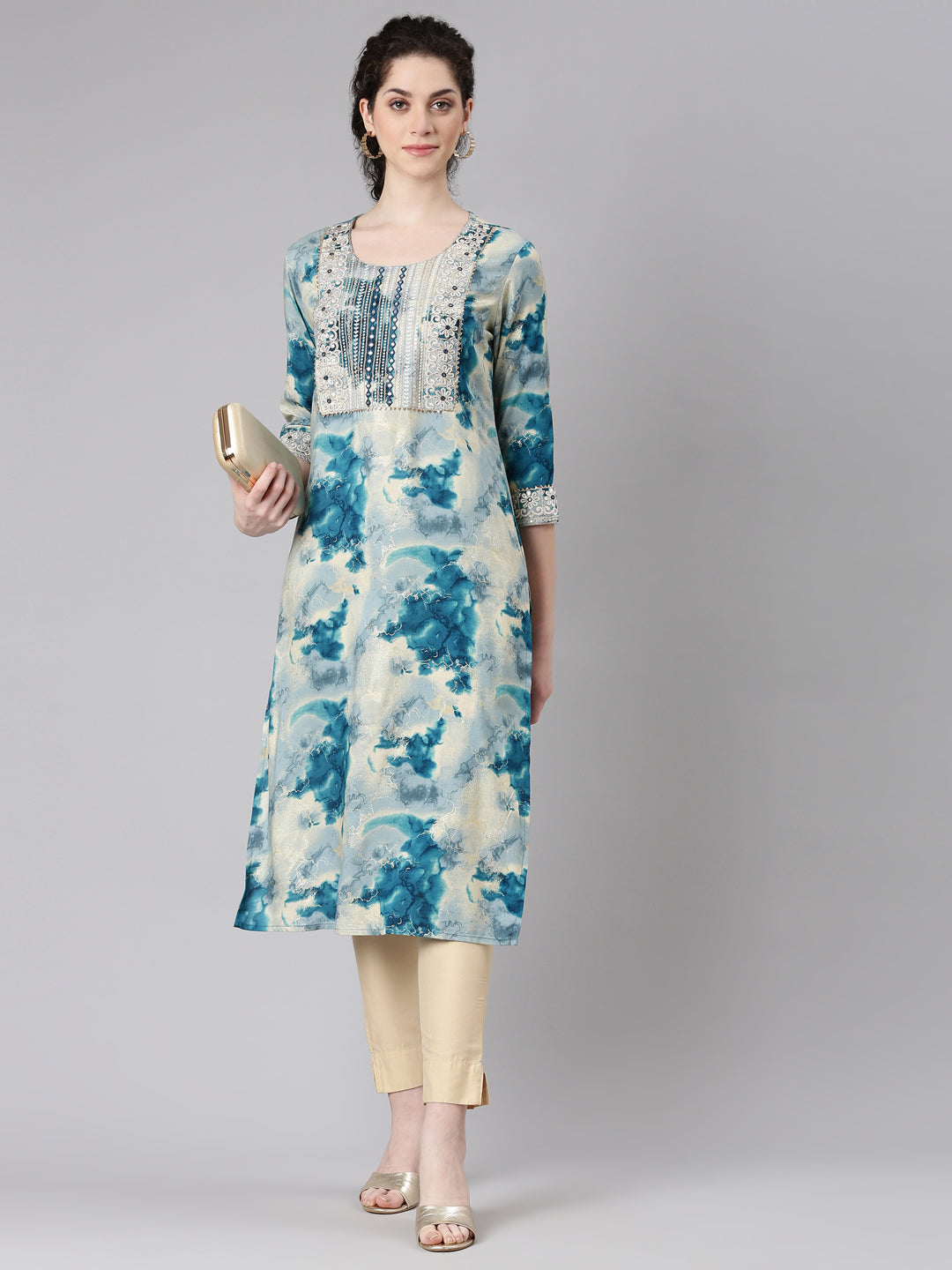 Neerus Blue rayon straight kurti - detail view 2