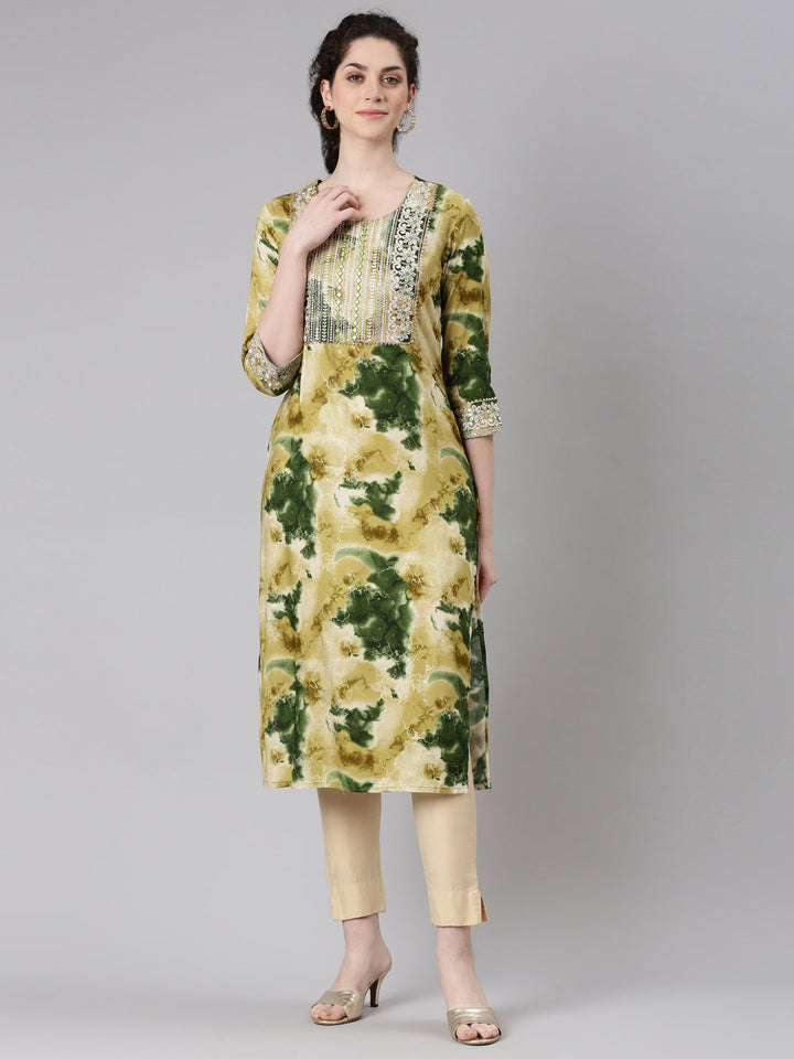 Neerus Green rayon straight kurti - front view