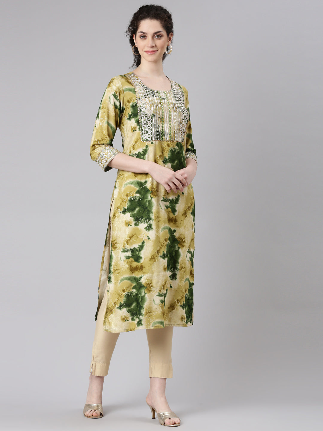 Neerus Green rayon straight kurti - back view