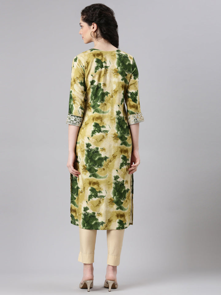 Neerus Green rayon straight kurti - side view