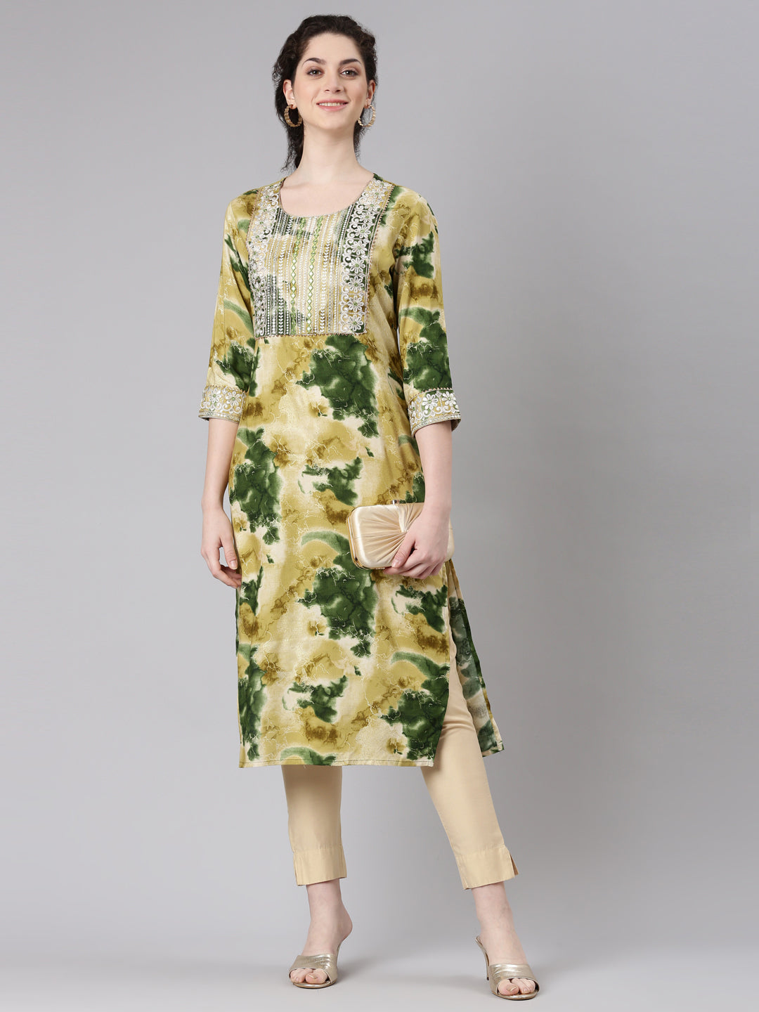 Neerus Green rayon straight kurti - detail view 2