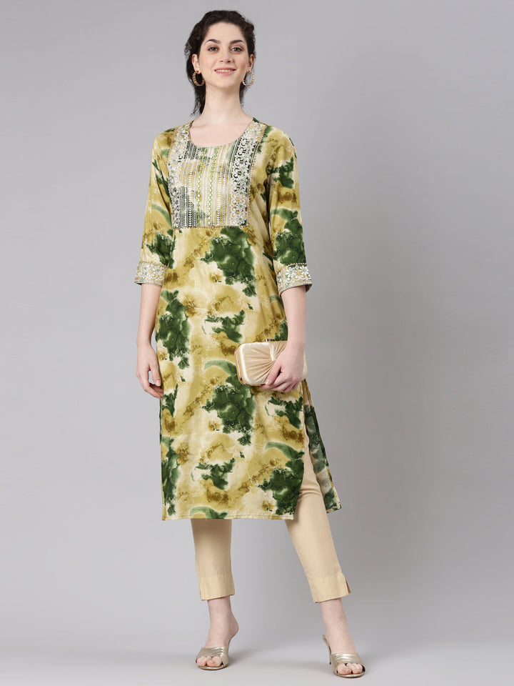 Neerus Green rayon straight kurti - detail view 2