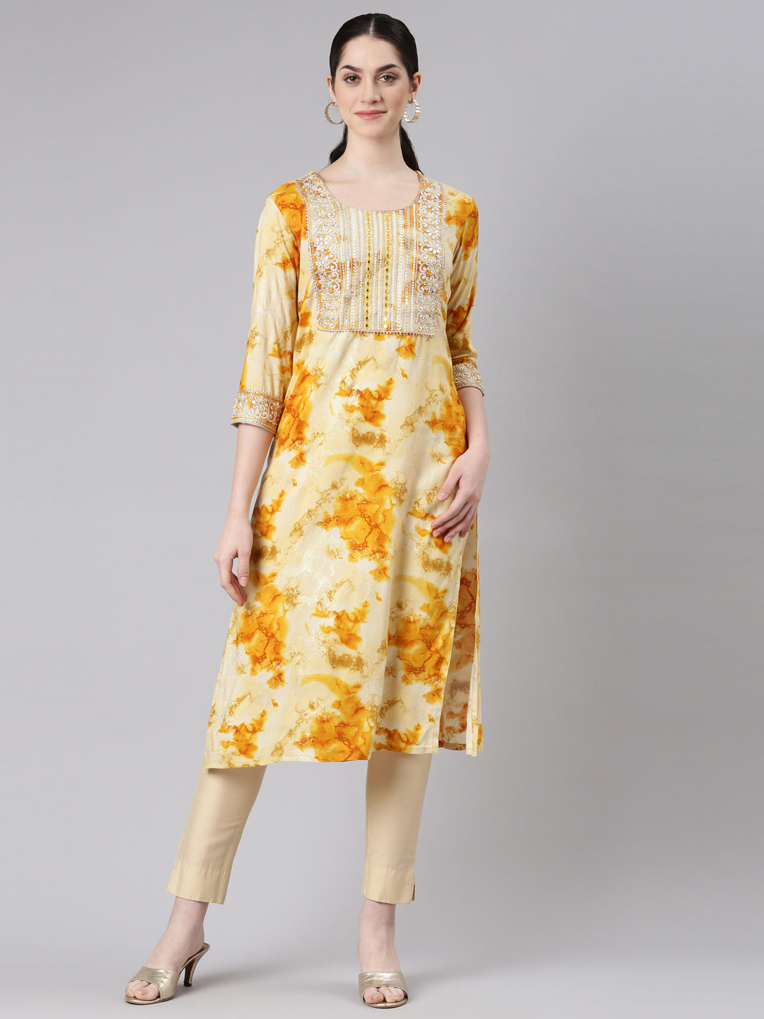 Neerus Yellow rayon straight kurti - front view