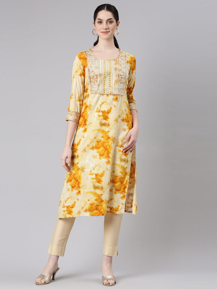 Neerus Yellow rayon straight kurti - front view
