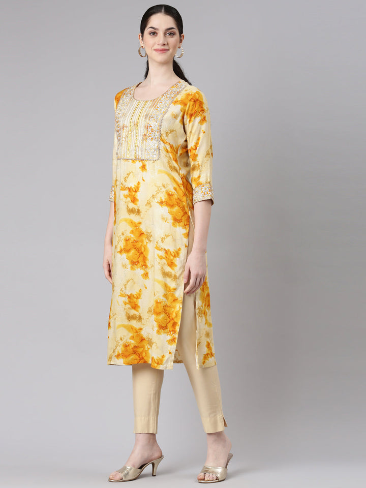 Neerus Yellow rayon straight kurti - back view