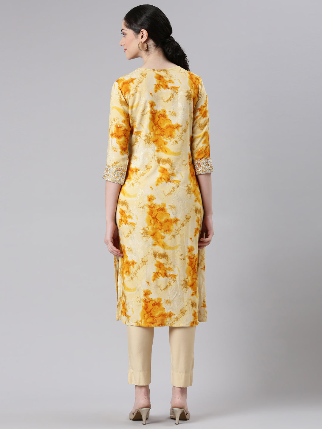 Neerus Yellow rayon straight kurti - side view