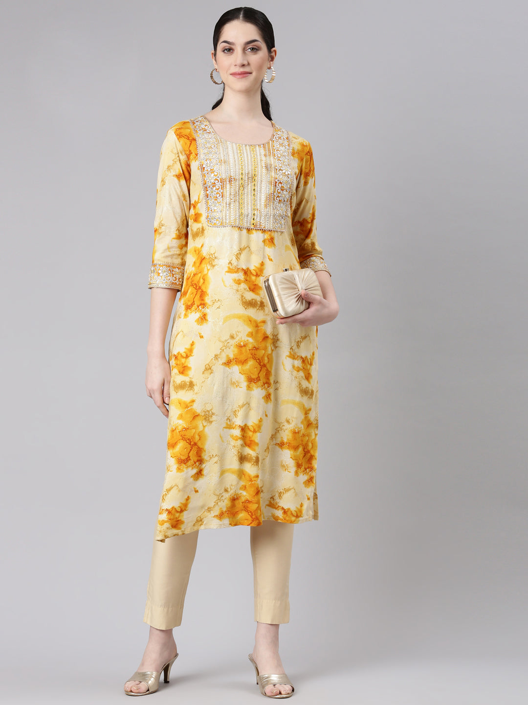 Neerus Yellow rayon straight kurti - detail view 2